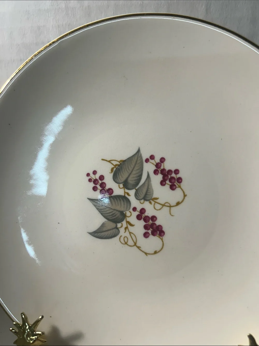 Elegant White Porcelain Dessert Plates with Gold Trim and Berry Motif Vintage